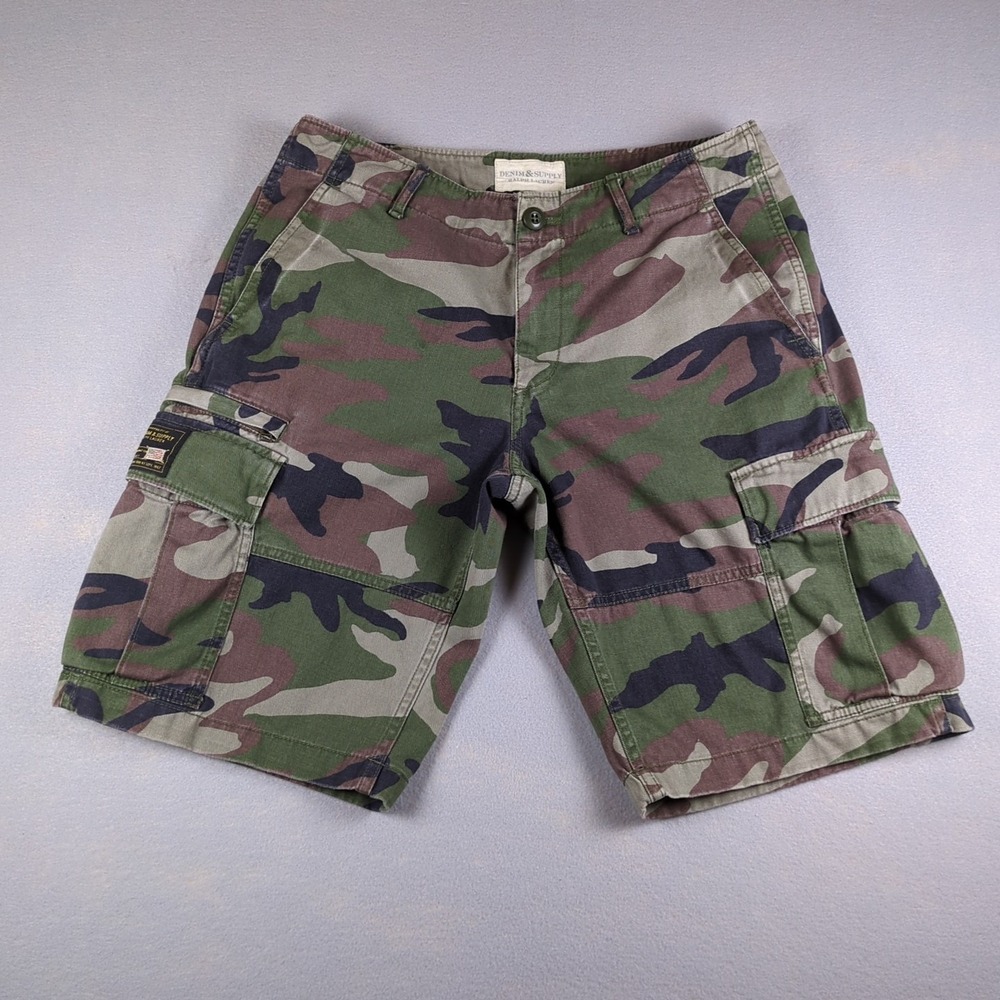 Ralph Lauren Denim & Supply Cargo Shorts Mens 31 Green Camo USA Flag Logo 10"